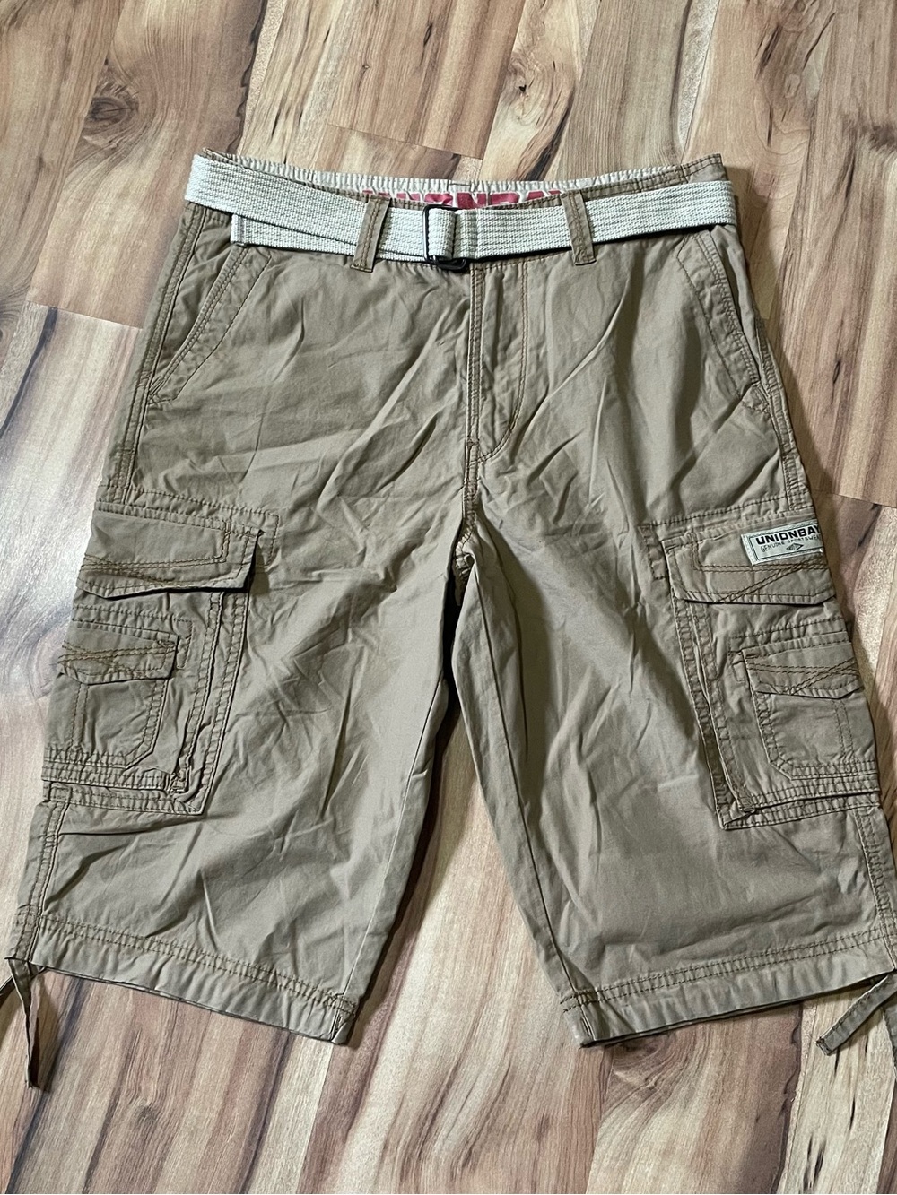Y2K Unionbay Belted Cargo Shorts Khaki Beige Earthtone Gorpcore Sz 32